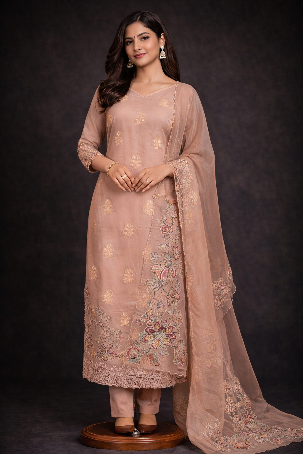 RAAS Pure Soft Organza with Applique Patch Unstitched Suit- 3 Piece (Nude Colour)