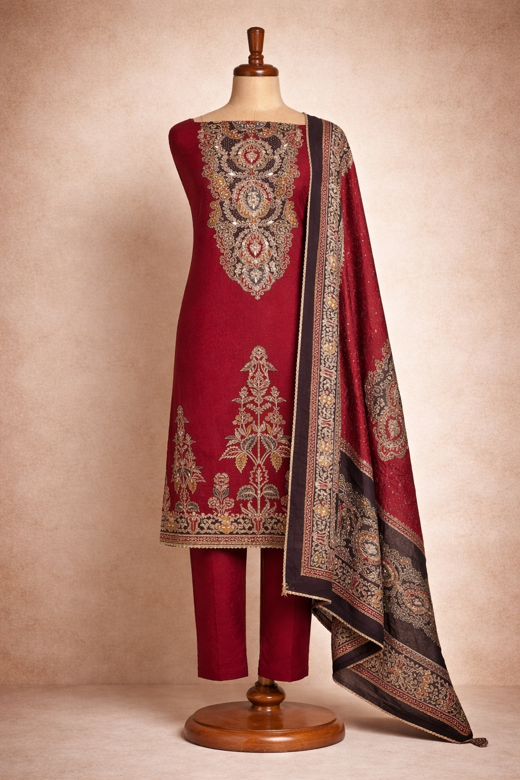 RAAS Soft Organza Sushi Silk Unstitched Suit- 3 Piece (Crimson Wine)