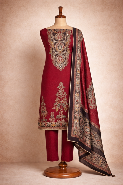 RAAS Soft Organza Sushi Silk Unstitched Suit- 3 Piece (Crimson Wine)