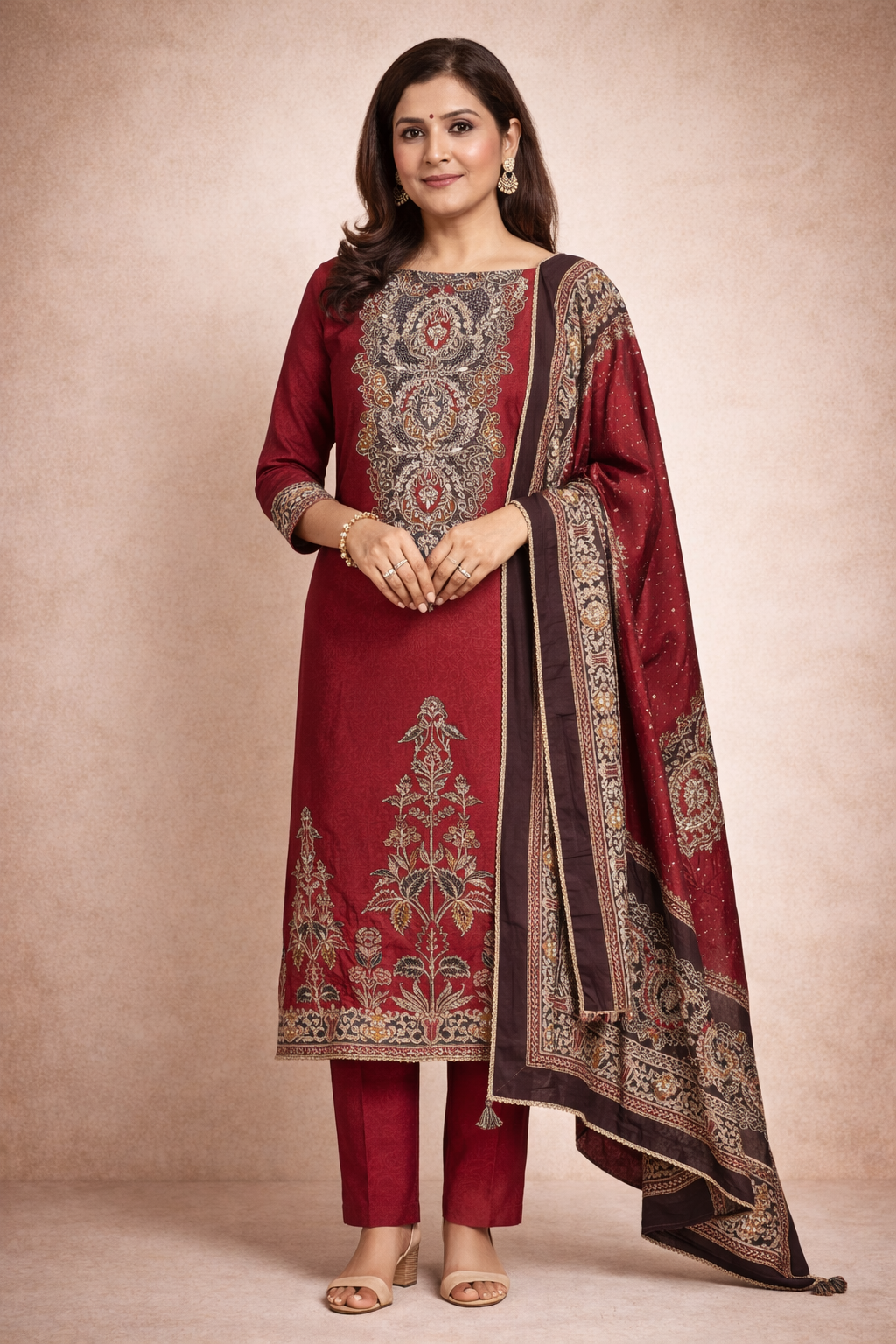 RAAS Soft Organza Sushi Silk Unstitched Suit- 3 Piece (Crimson Wine)