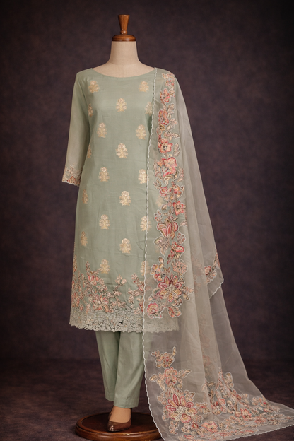 RAAS Pure Soft Organza with Applique Patch Unstitched Suit- 3 Piece (Pista Green)