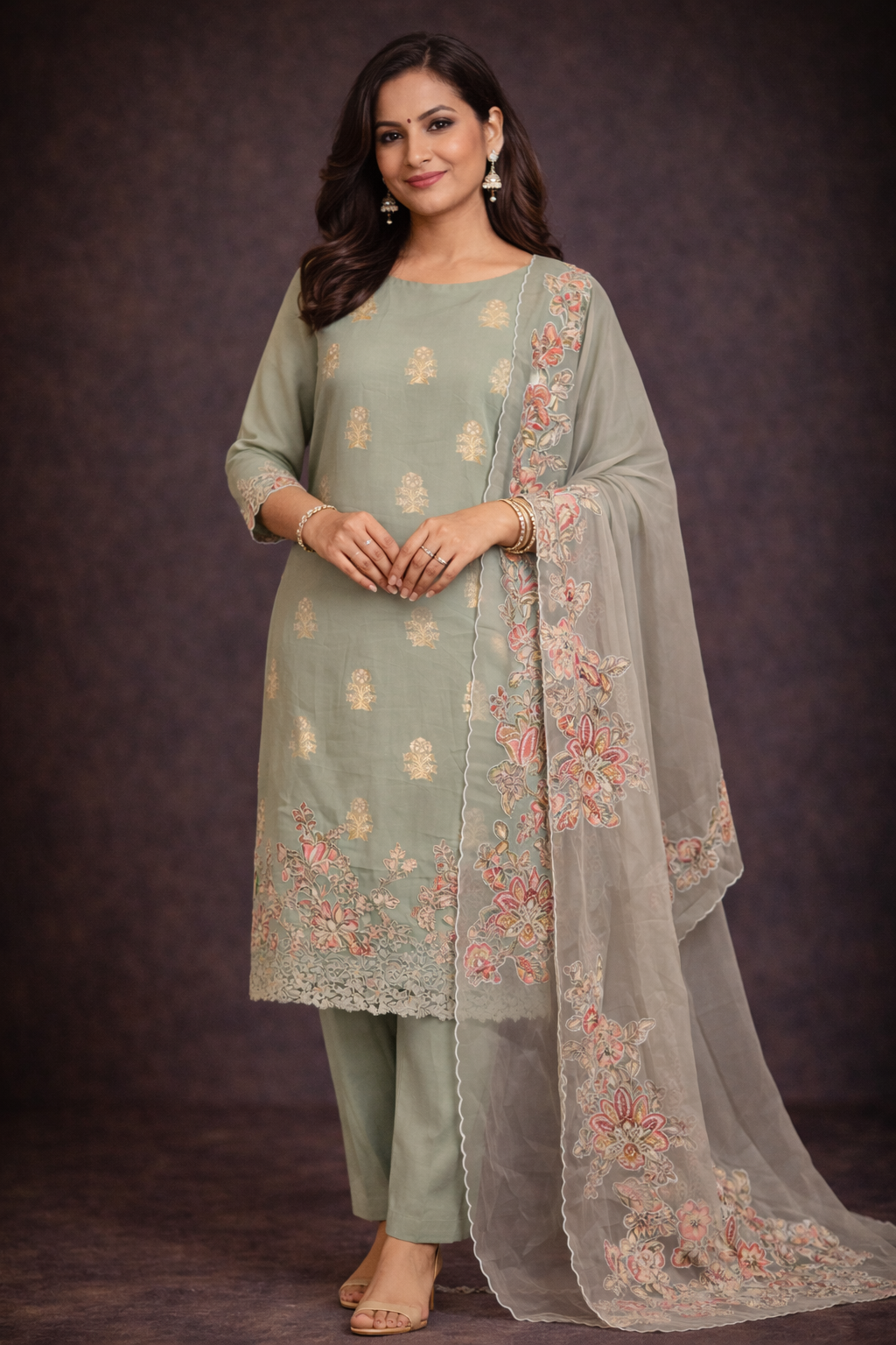 RAAS Pure Soft Organza with Applique Patch Unstitched Suit- 3 Piece (Pista Green)