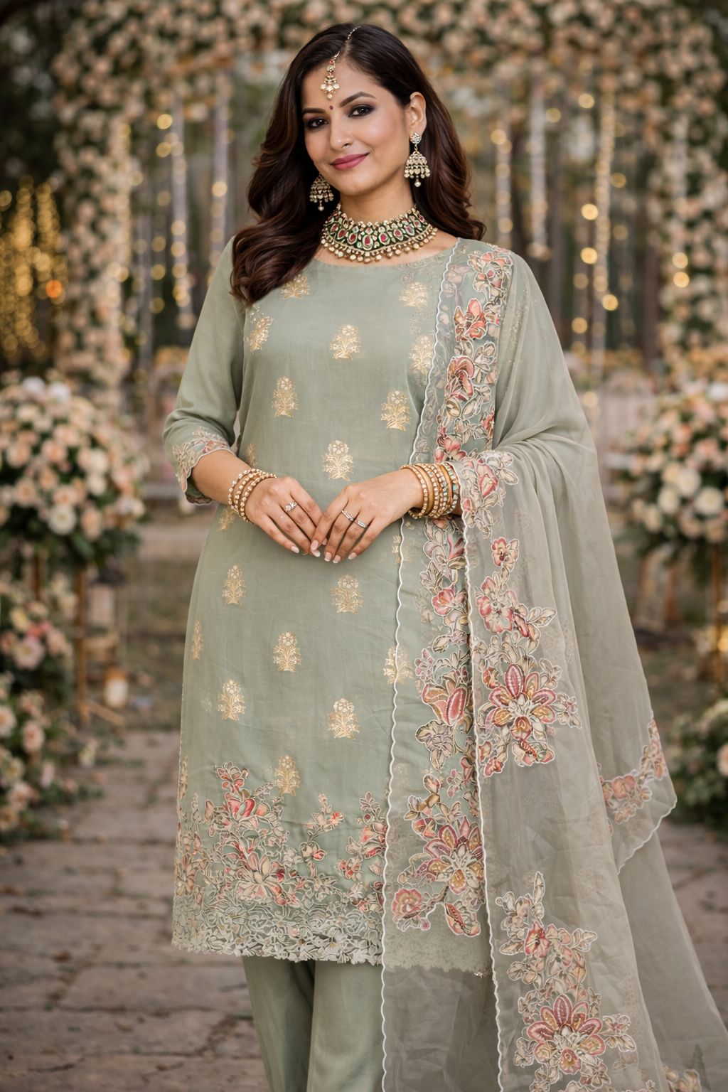 RAAS Pure Soft Organza with Applique Patch Unstitched Suit- 3 Piece (Pista Green)