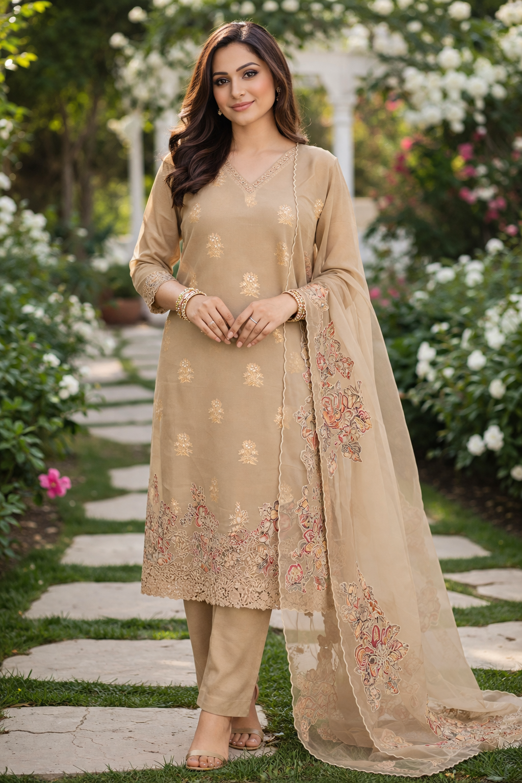RAAS Pure Soft Organza with Applique Patch Unstitched Suit- 3 Piece (Dull Golden)