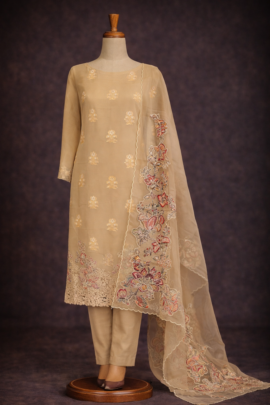 RAAS Pure Soft Organza with Applique Patch Unstitched Suit- 3 Piece (Dull Golden)