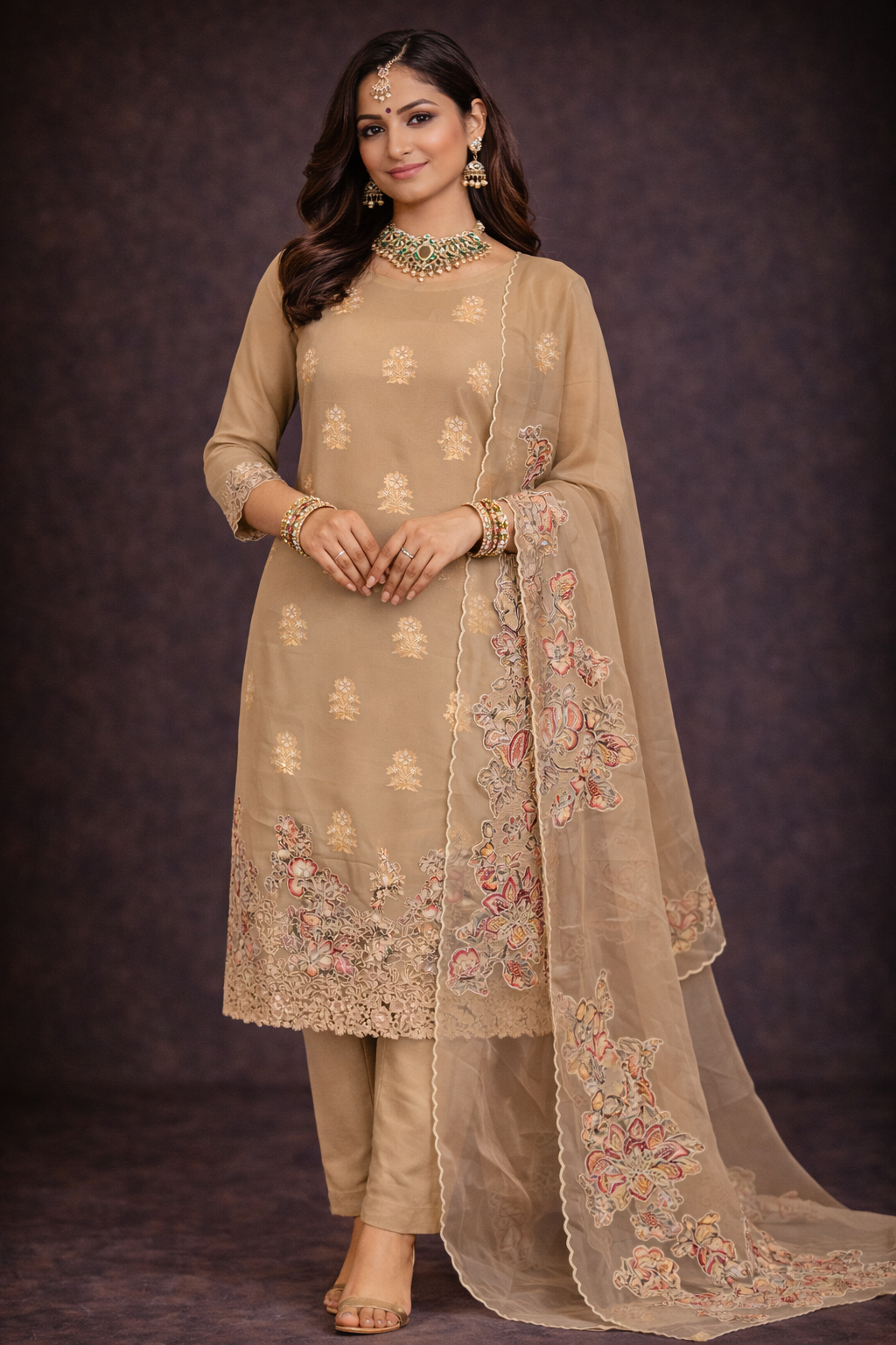 RAAS Pure Soft Organza with Applique Patch Unstitched Suit- 3 Piece (Dull Golden)