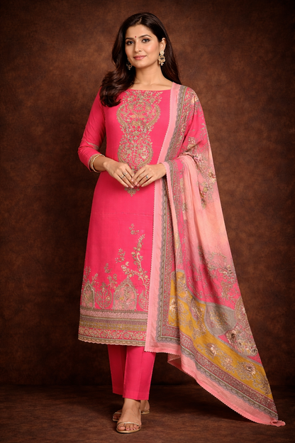 RAAS Pure Crepe Unstitched Suit- 3 Piece (Fuchsia)