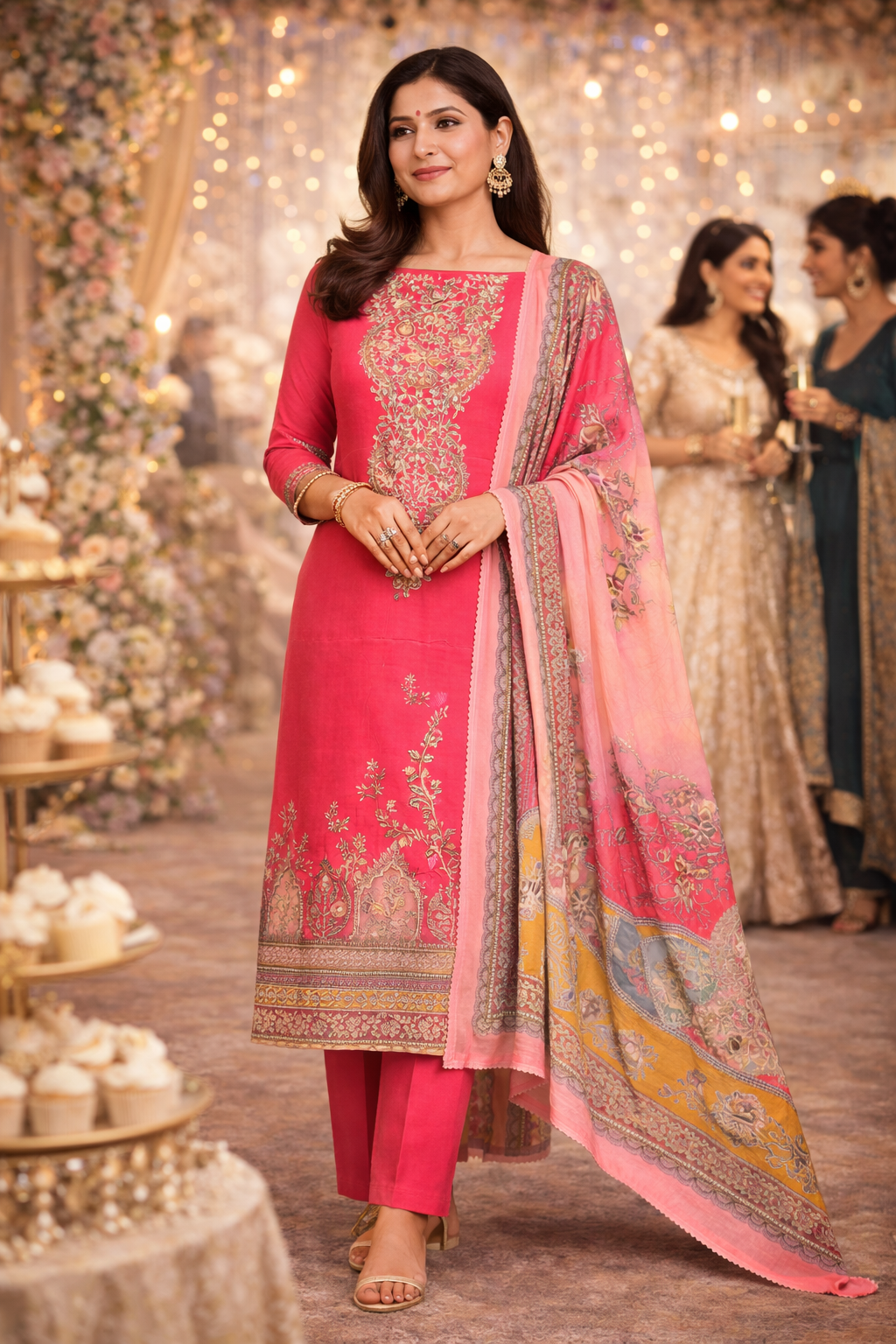 RAAS Pure Crepe Unstitched Suit- 3 Piece (Fuchsia)