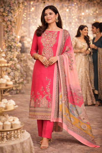 RAAS Pure Crepe Unstitched Suit- 3 Piece (Fuchsia)