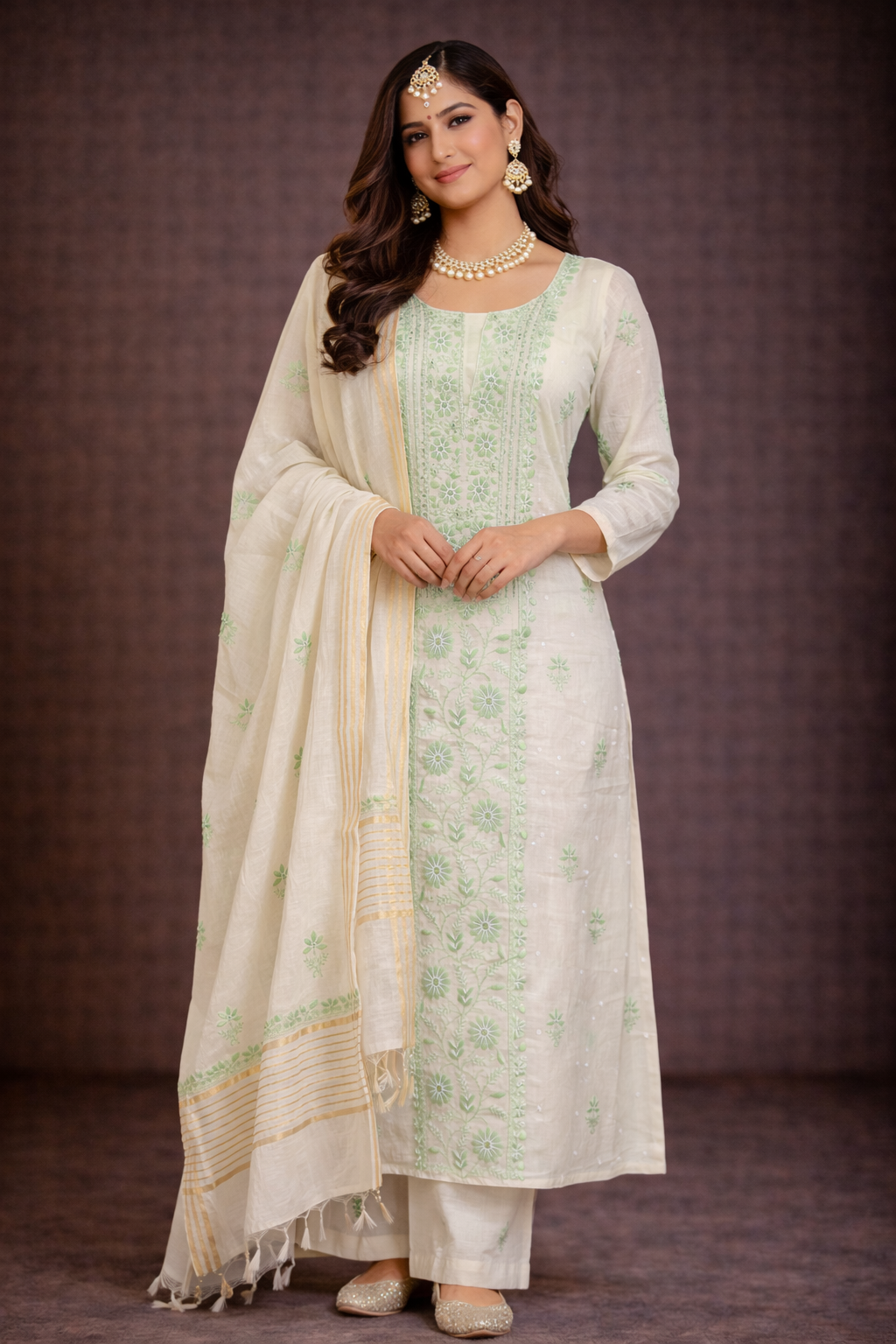 Lucknowi Chikankari unstitched suit displayed by a model, featuring off white fabric with green embroidery.
