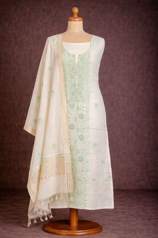 Lucknowi Chikankari unstitched suit on display, featuring delicate green embroidery on off white Mul Chanderi fabric.