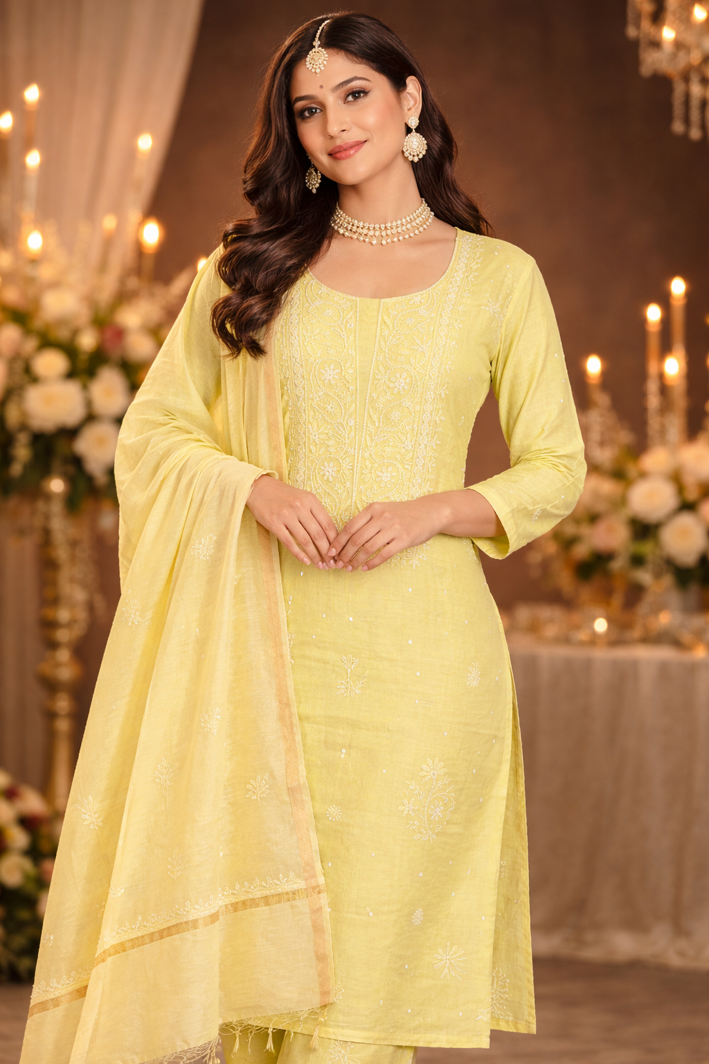 Lucknowi Chikankari unstitched suit lime showcased by model with intricate embroidery in Mul Chanderi fabric.