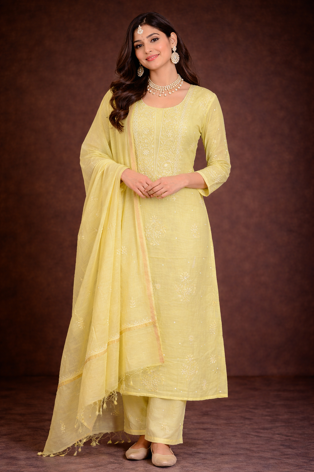Lucknowi Chikankari unstitched suit lime in Mul Chanderi worn by a model, showcasing intricate embroidery and a light lime hue.