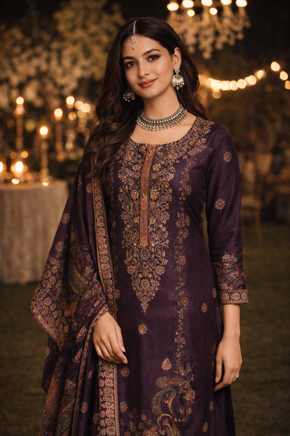 Elegant woman in a wine colour unstitched suit with intricate design and jewelry at a festive outdoor setting.