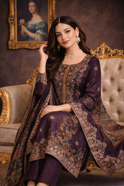 RAAS Tanchui Brocade Unstitched Suit in wine colour on model, showcasing intricate detailing and classic elegance.