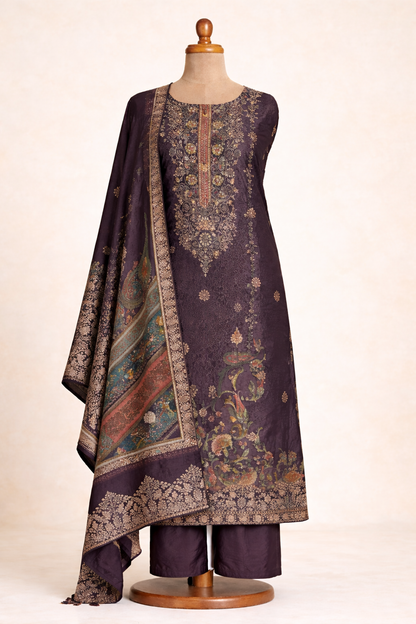 RAAS Tanchui Brocade Unstitched Suit - 3 Piece in wine colour unstitched suit showcasing rich textile and intricate detailing.