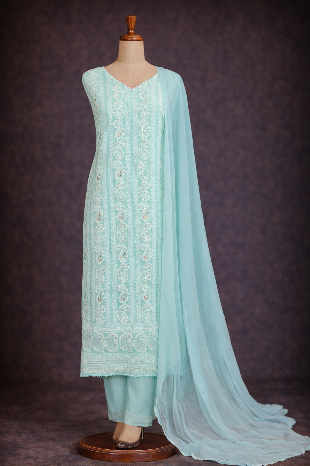 Lucknowi Chikankari Unstitched Suits – Elegant Hand-Embroidered (Sea Green)