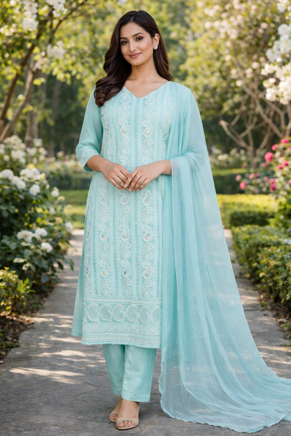 Lucknowi Chikankari Unstitched Suits – Elegant Hand-Embroidered (Sea Green)