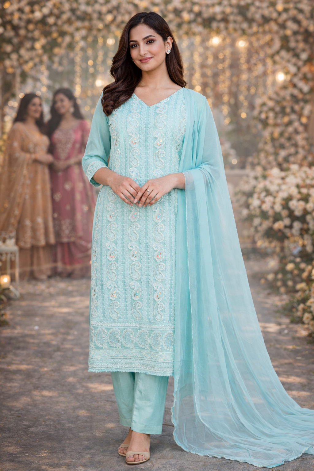 Lucknowi Chikankari Unstitched Suits – Elegant Hand-Embroidered (Sea Green)
