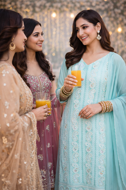 Lucknowi Chikankari Unstitched Suits – Elegant Hand-Embroidered (Sea Green)