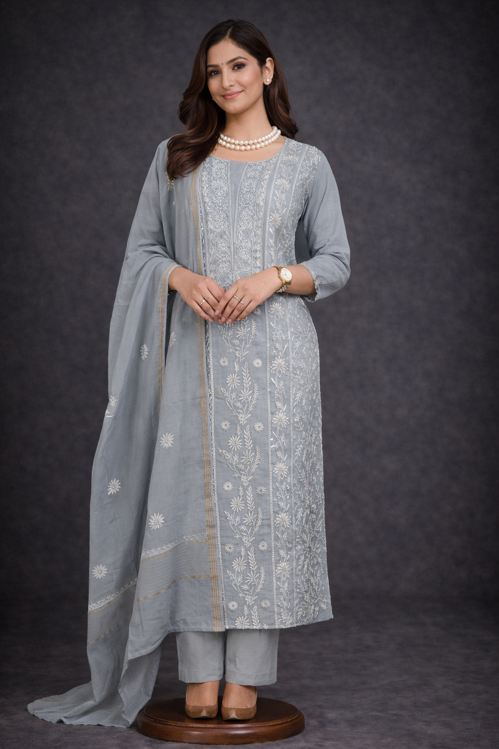 Lucknowi Chikankari unstitched suit shown in soft grey with intricate hand embroidery and elegant design.