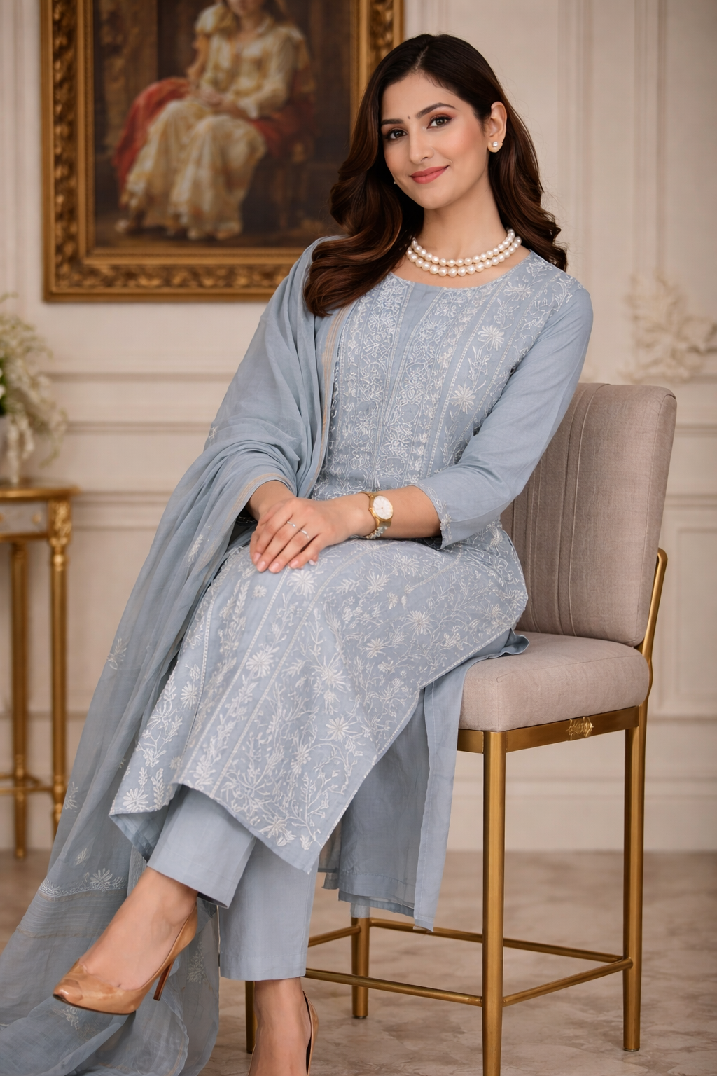 Lucknowi Chikankari unstitched suit showcased by model in soft grey, highlighting elegant hand embroidery and premium fabric.