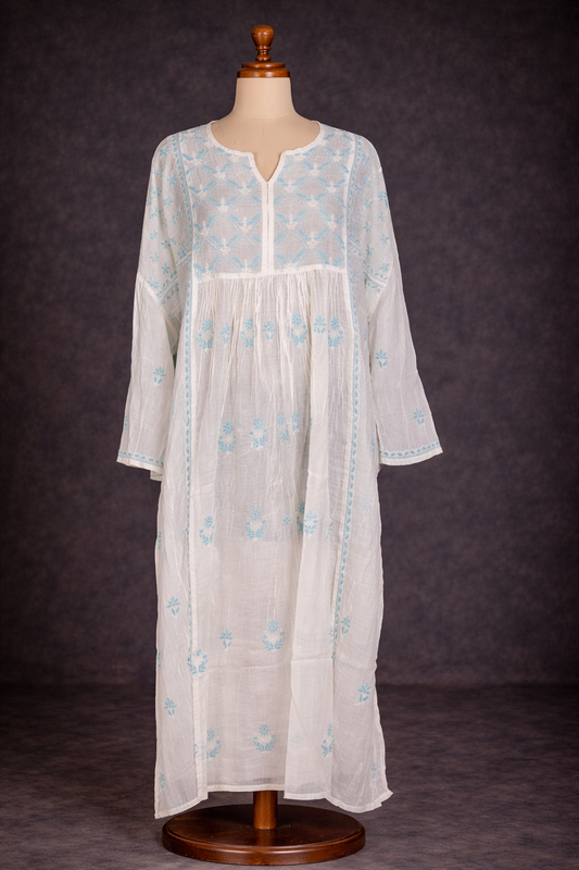 Lucknowi Chikankari hand-embroidered kurta in white and blue on a mannequin, showcasing intricate embroidery details.