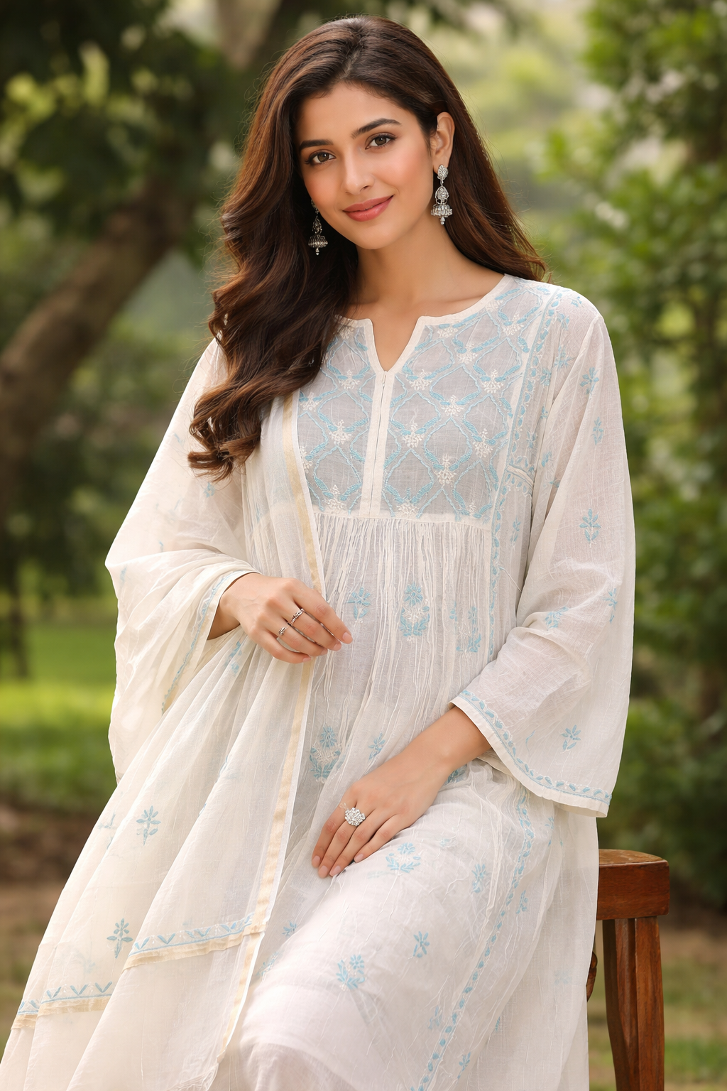 Lucknowi Chikankari hand-embroidered kurta in white and blue on a model, showcasing intricate designs in a garden setting.