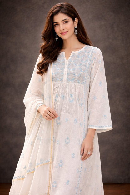 Lucknowi Chikankari hand-embroidered kurta in white and blue, showcasing intricate craftsmanship and elegance.