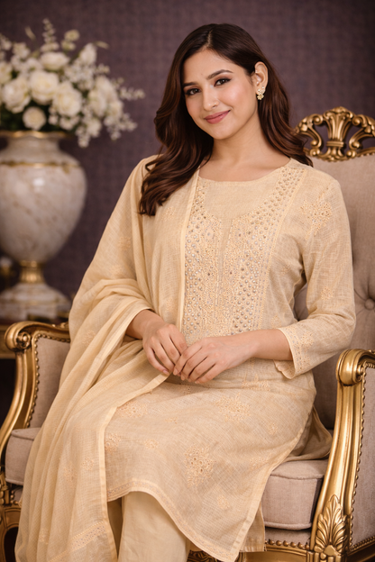 Lucknowi chikankari unstitched suit modeled by a woman in dusky yellow fabric, featuring intricate embroidery and elegant design.