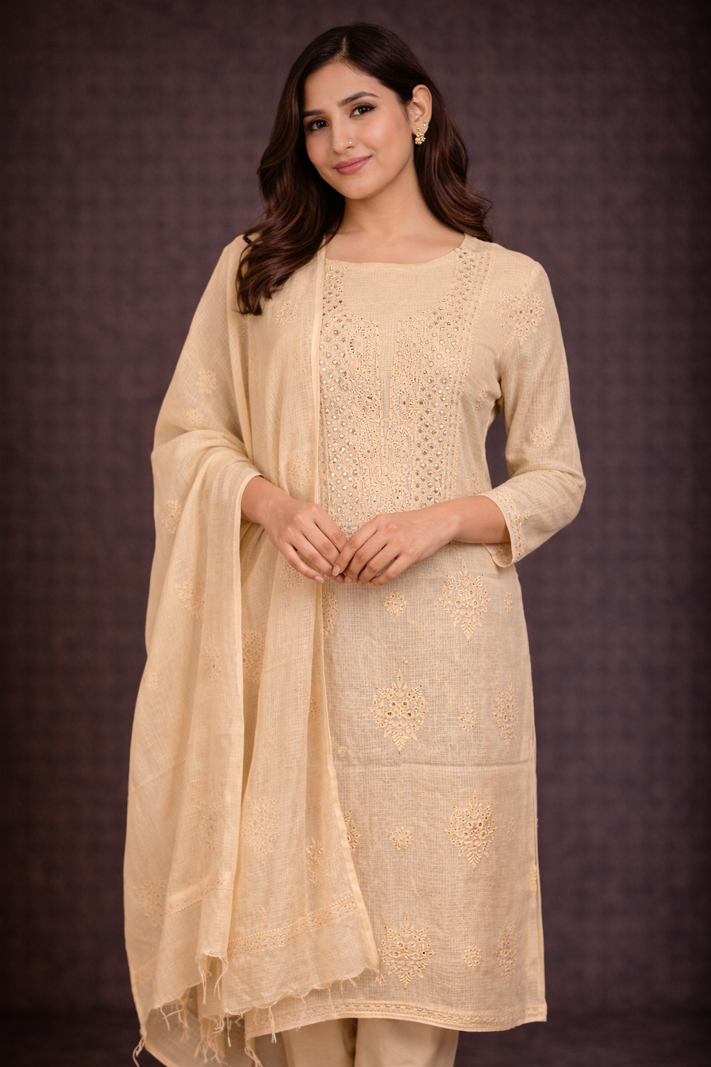 Lucknowi chikankari unstitched suit in dusky yellow with Badla work, featuring intricate embroidery and elegant design.