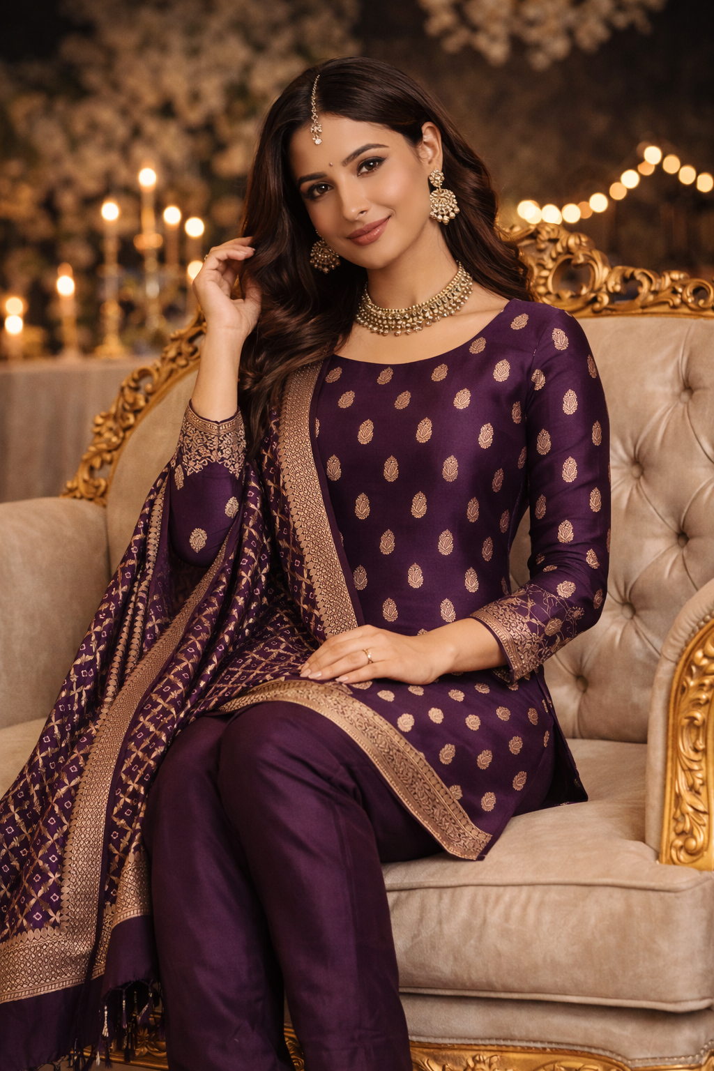 Women wearing a Banarasi chanderi cotton unstitched suit in deep purple with gold motifs.