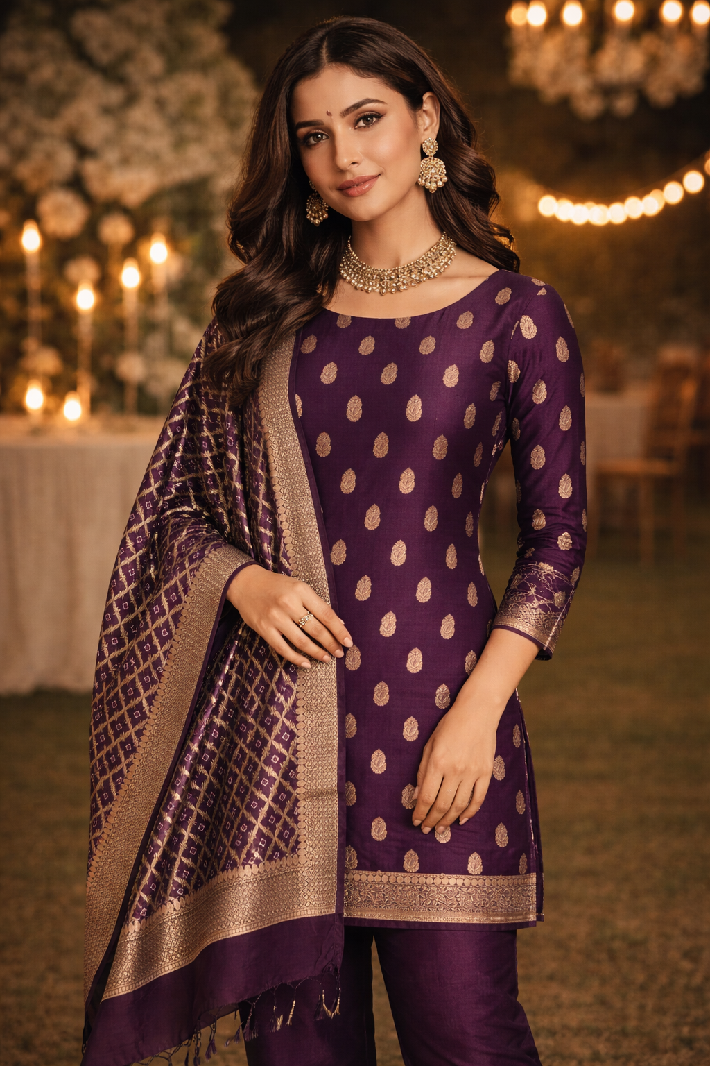 Beautiful woman wearing a Banarasi chanderi cotton unstitched suit in deep purple with gold motifs.
