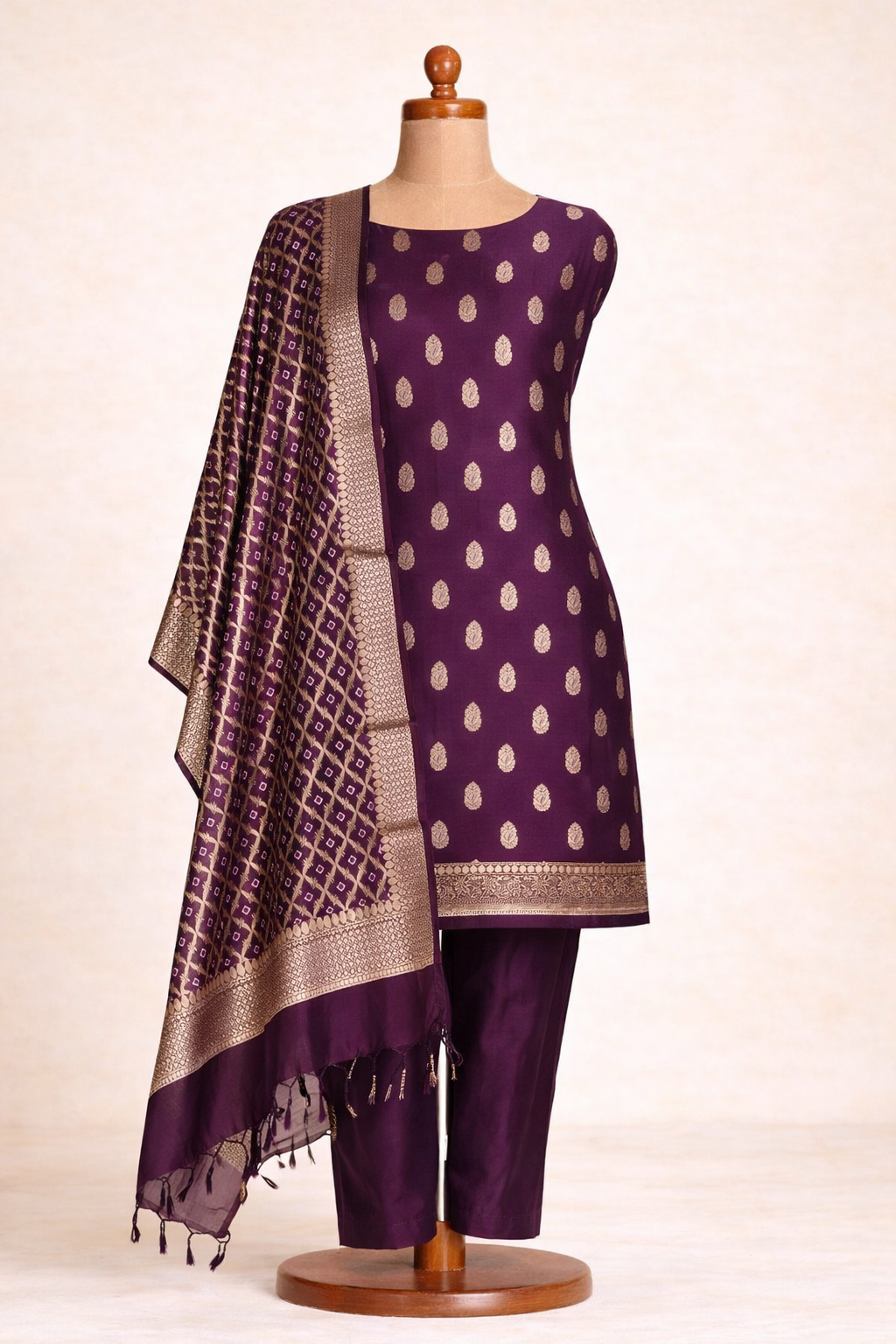 Banarasi chanderi cotton unstitched suit in deep purple with antique gold motifs and matching dupatta.