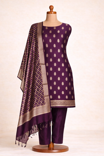 Banarasi chanderi cotton unstitched suit in deep purple with antique gold motifs and matching dupatta.