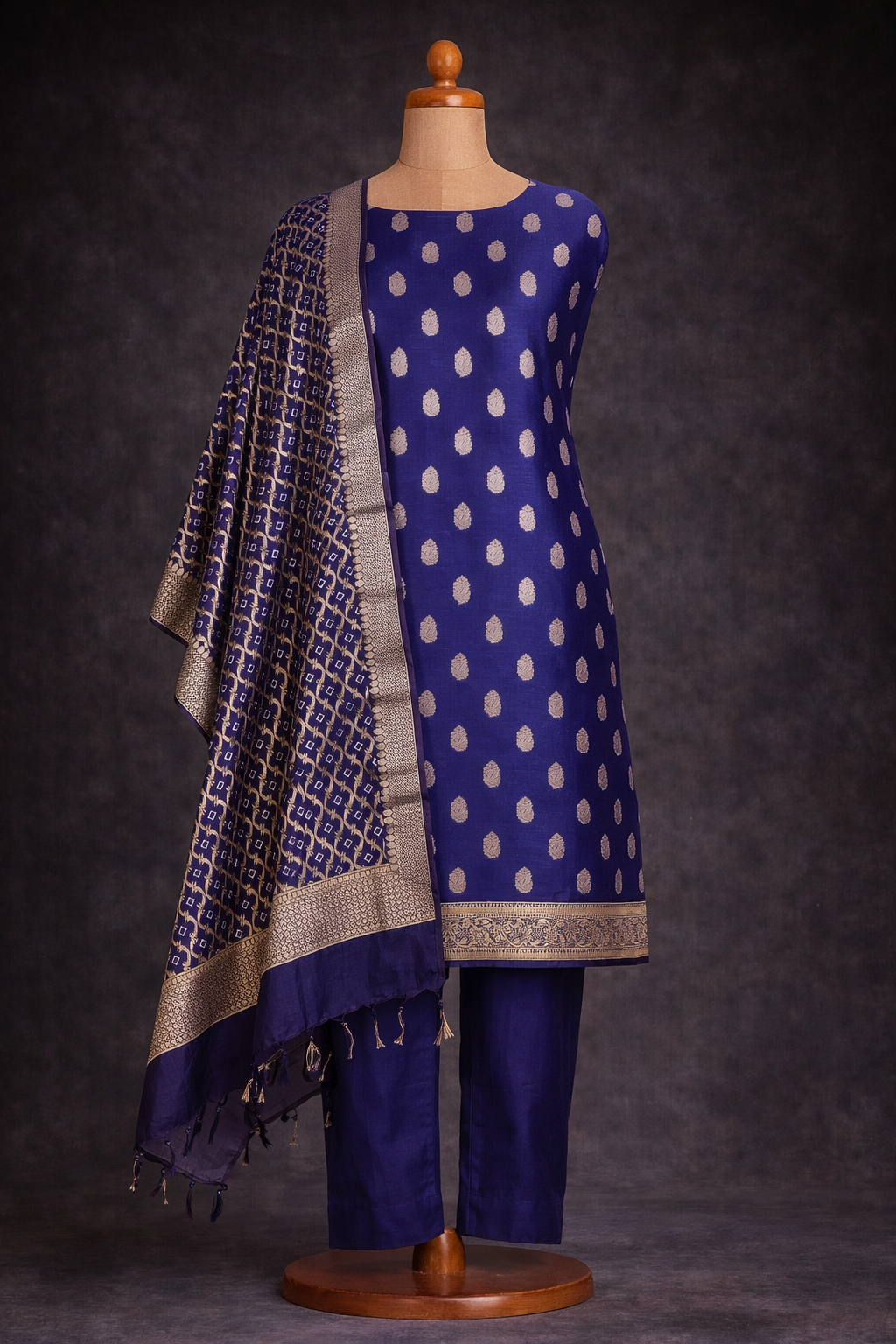 Banarasi Chanderi Cotton Unstitched Suit- 3 Piece in royal blue with elegant gold motifs and matching accessories.
