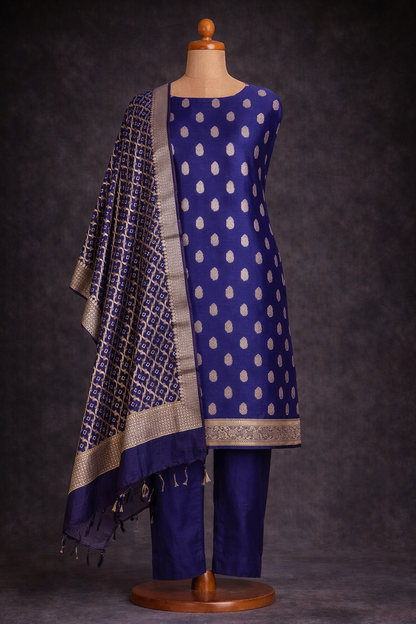 Banarasi Chanderi Cotton Unstitched Suit- 3 Piece in royal blue with elegant gold motifs and matching accessories.