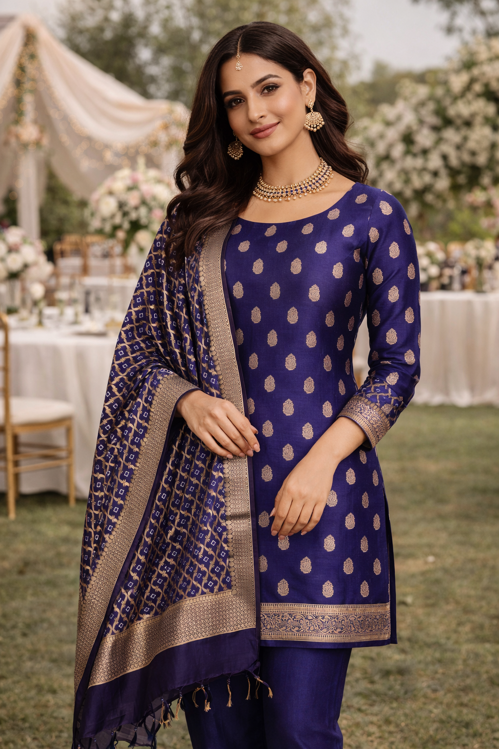 Banarasi Chanderi Cotton Unstitched Suit- 3 Piece (Royal Blue) worn by a model in an outdoor setting.