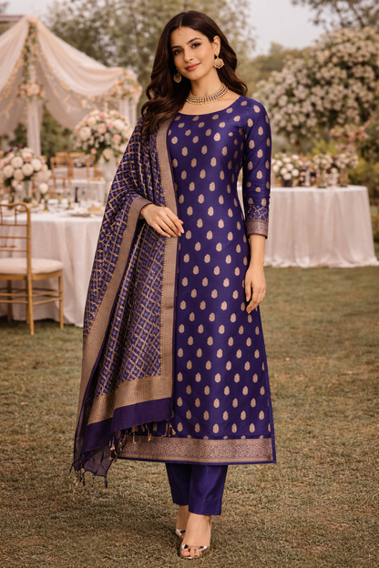 Elegant woman wearing Banarasi Chanderi Cotton Unstitched Suit in Royal Blue outdoors, showcasing traditional design and comfort.