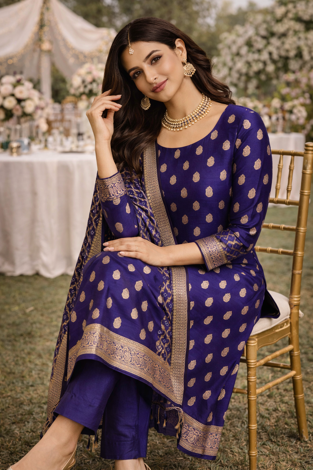 Banarasi Chanderi Cotton Unstitched Suit- 3 Piece (Royal Blue) worn by model in elegant setting.