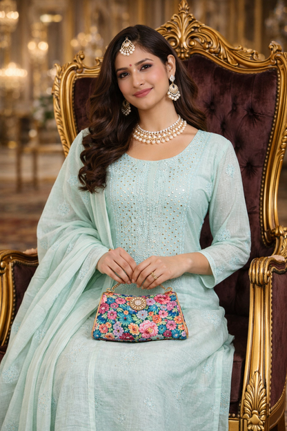 Lucknowi chikankari unstitched suit model in powder blue, showcasing elegant embroidery and a floral handbag.