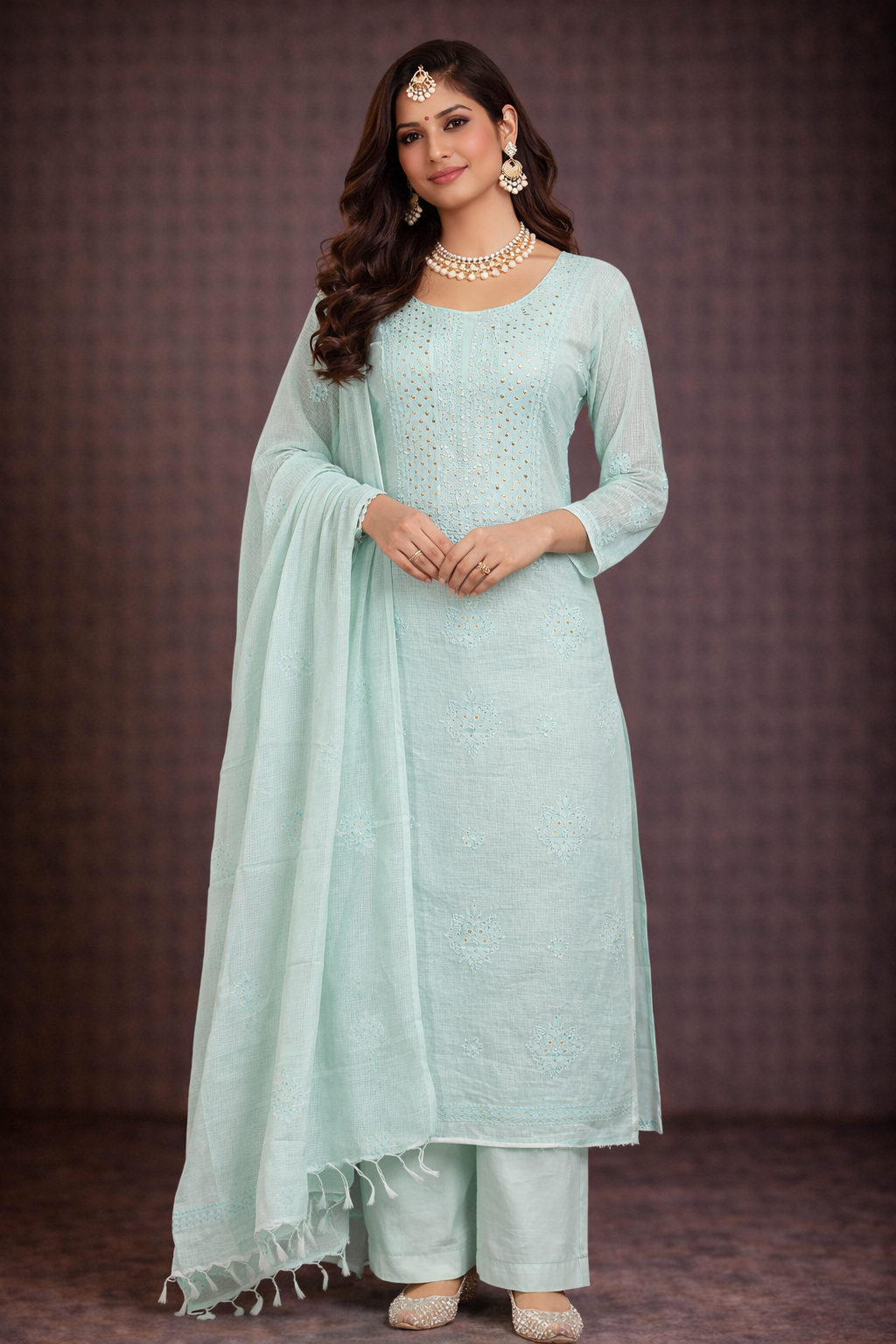 Lucknowi chikankari unstitched suit displayed by a model in a serene powder blue outfit with intricate embroidery and elegance.