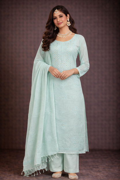Lucknowi chikankari unstitched suit displayed by a model in a serene powder blue outfit with intricate embroidery and elegance.