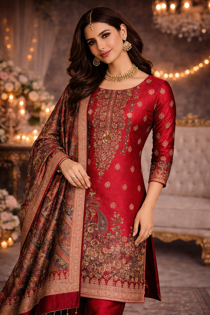 brownish red brocade unstitched suit with intricate detailing and elegance, perfect for heritage fashion lovers.
