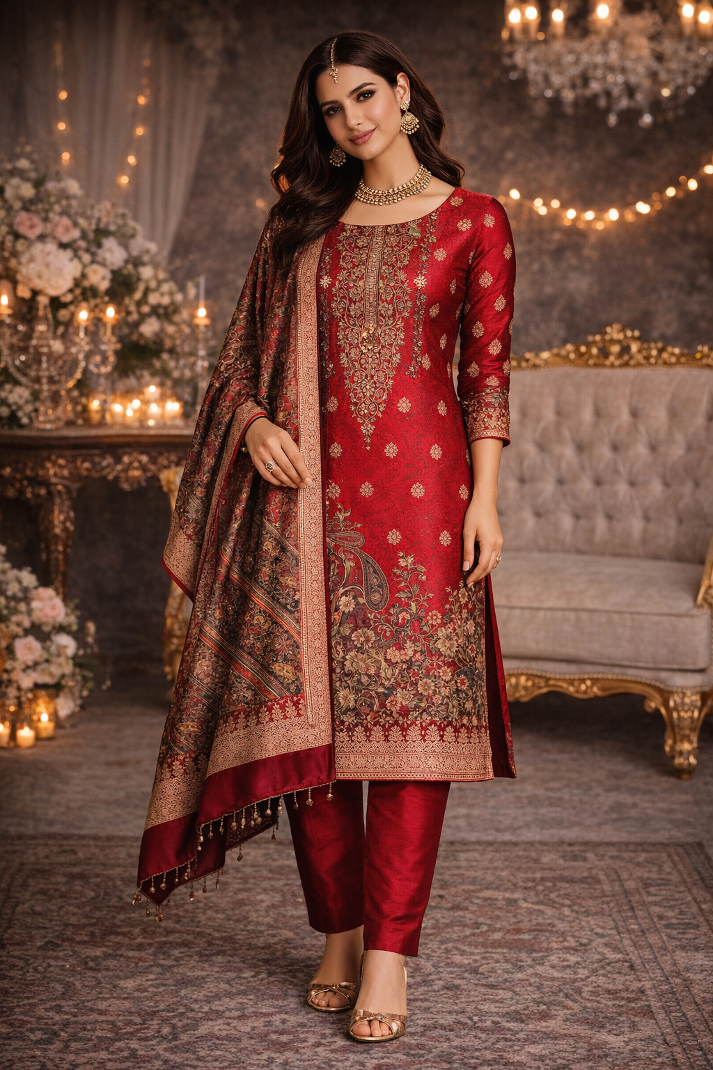 RAAS Tanchui Brocade Unstitched Suit- 3 Piece (Brownish Red) - brownish red brocade unstitched suit