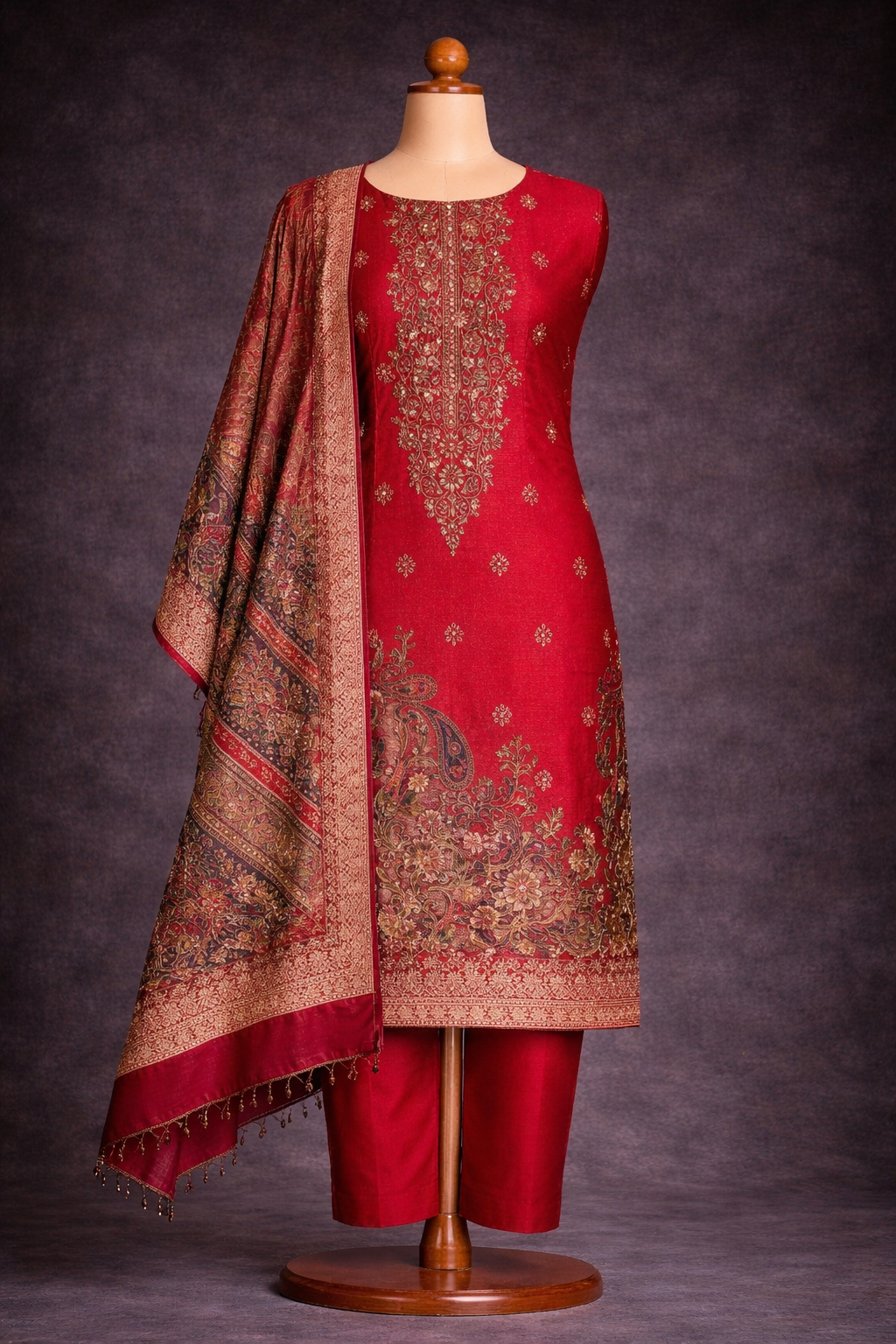 RAAS Tanchui Brocade Unstitched Suit- 3 Piece (Brownish Red) showcasing intricate detailing and heritage craftsmanship.