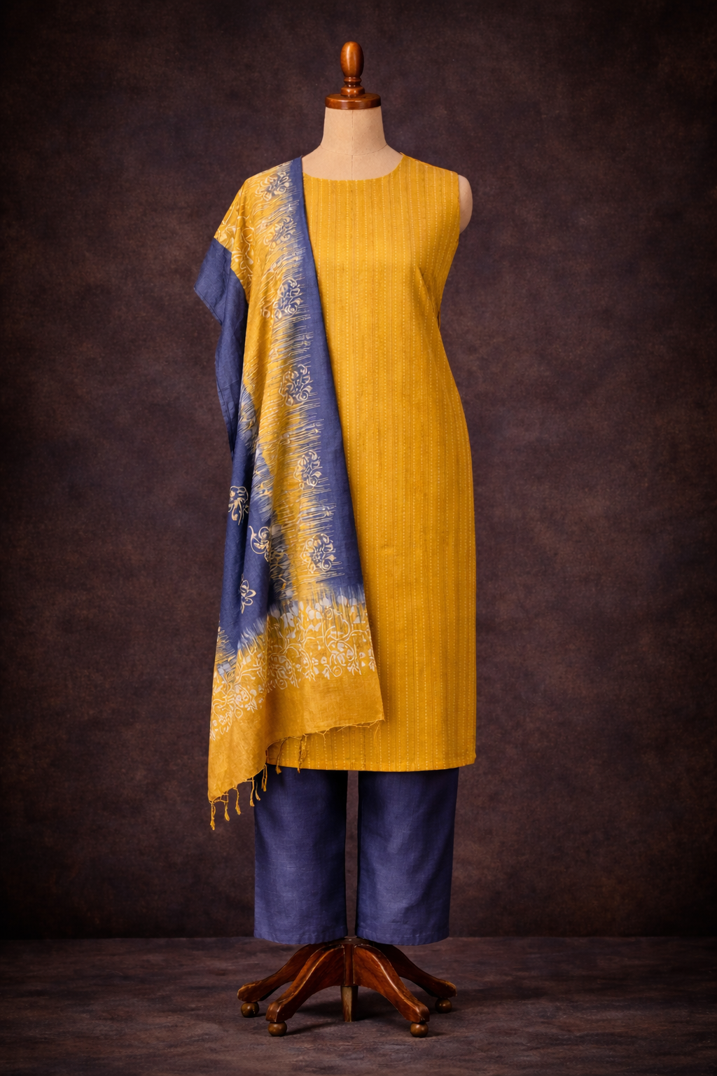 unstitched slub cotton suit in mustard yellow and indigo blue displayed on a mannequin with a decorative dupatta
