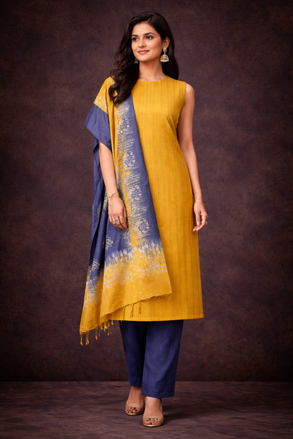 Unstitched slub cotton suit in mustard yellow and indigo blue, showcasing handcrafted textures and elegant design.