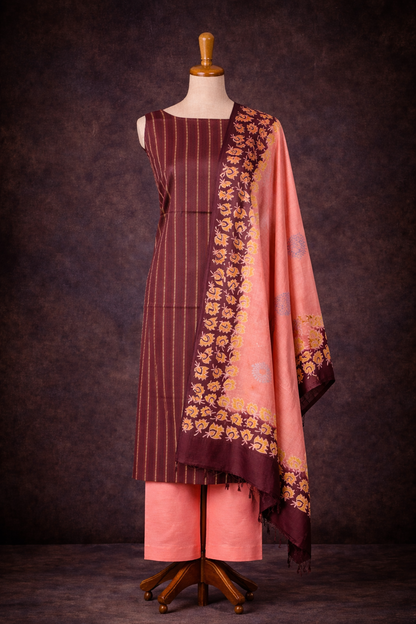 Slub Cotton Unstitched Suit- 3 Piece (Wine & Peach) displayed on a mannequin, showcasing elegant design and artisan detailing.