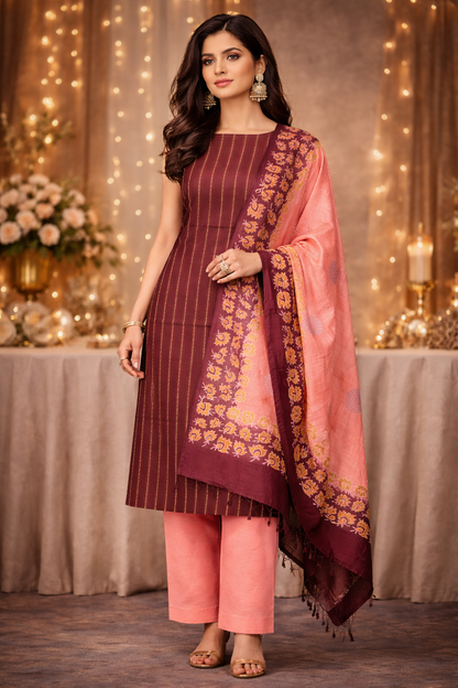 Slub Cotton Dobby Weave Unstitched Suit- 3 Piece (Wine & Peach) showcasing elegant ethnic wear.